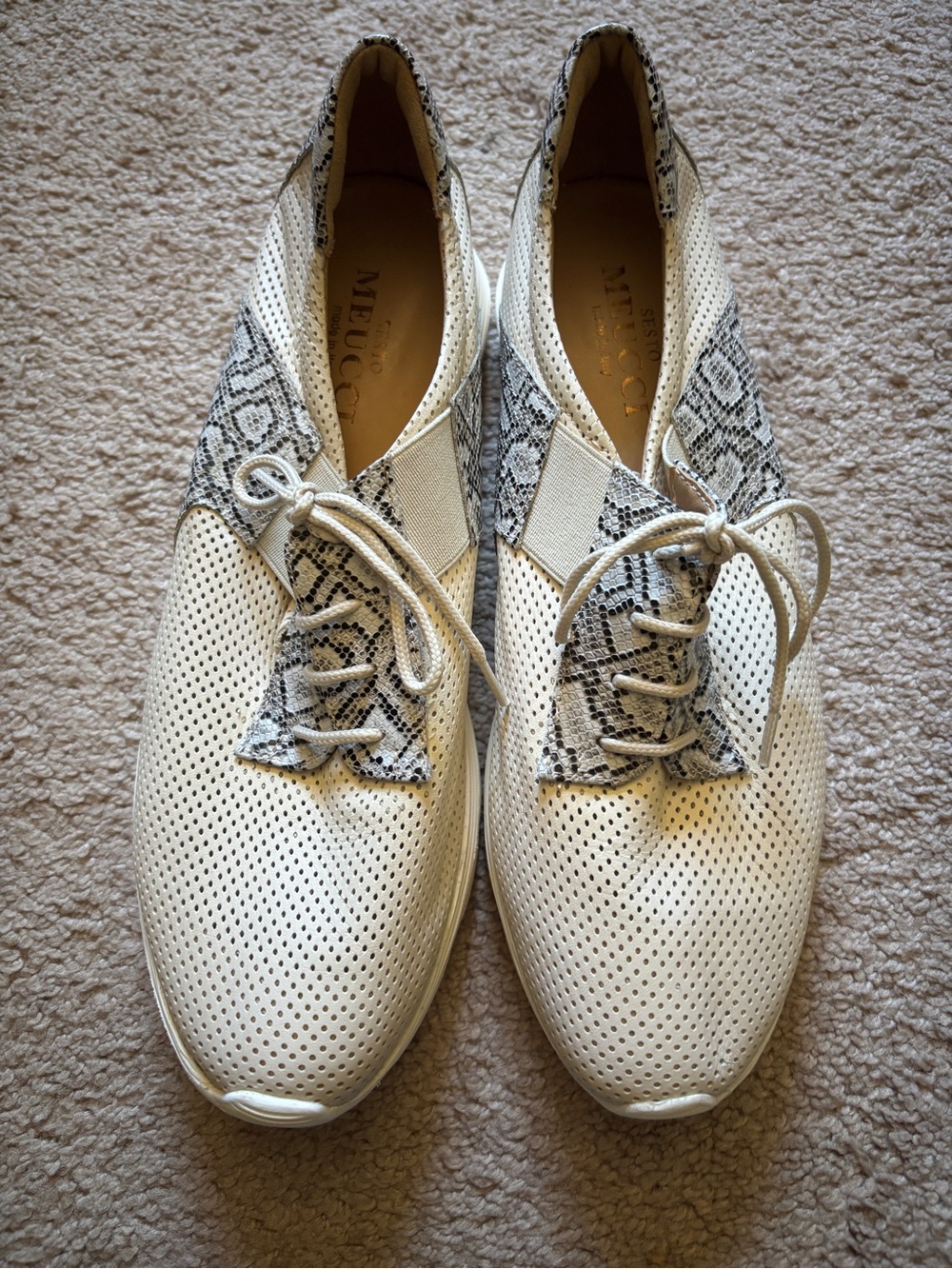 Sesto Meucci Cream Perforated Leather Sneakers with Snake-Print Trim